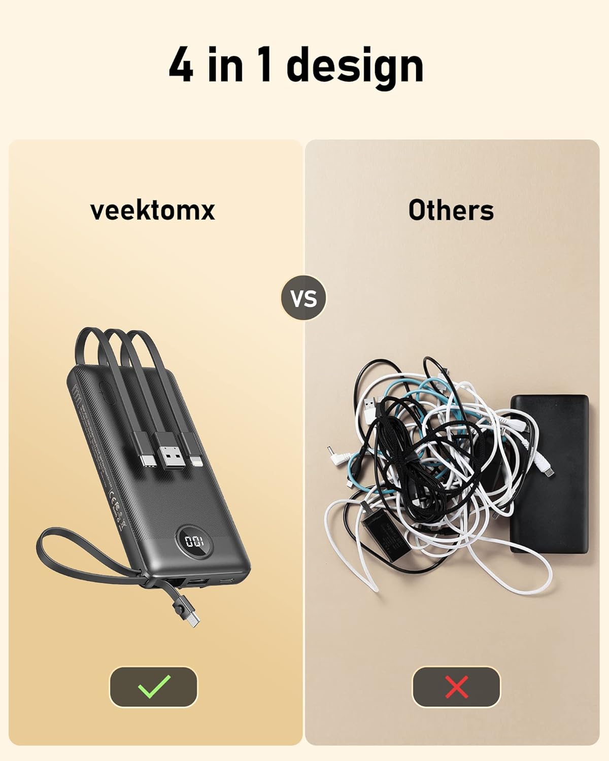 Portable Charger with Built-in Cables