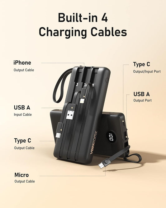 Portable Charger with Built-in Cables