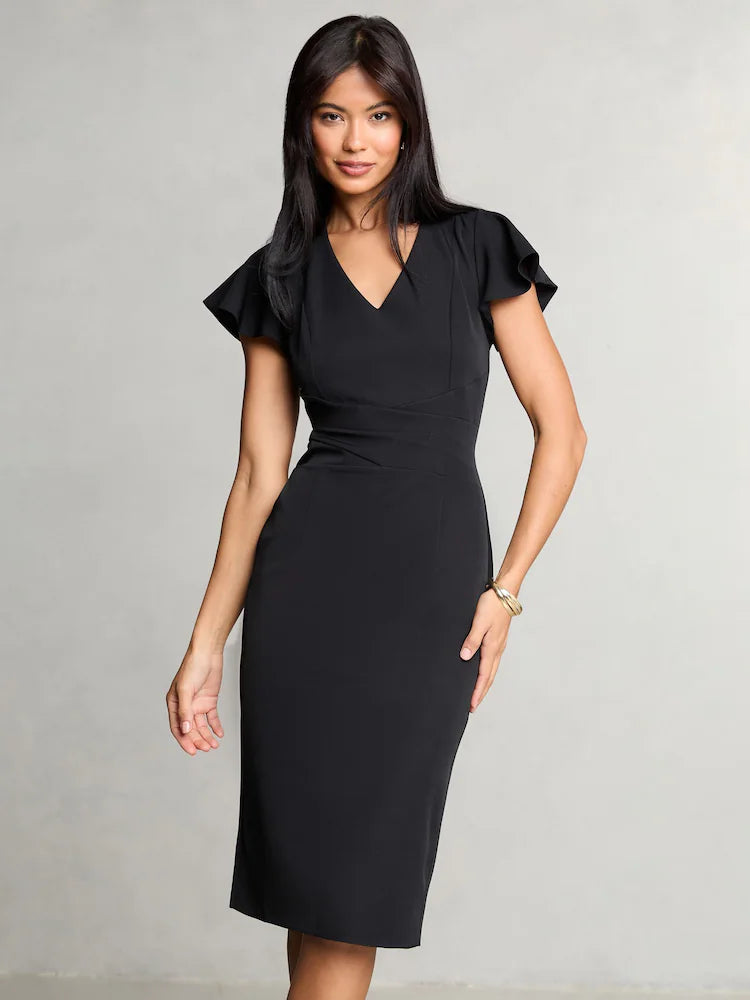 Lipsy Black V-Neck Smart Flutter Sleeve Midi Dress