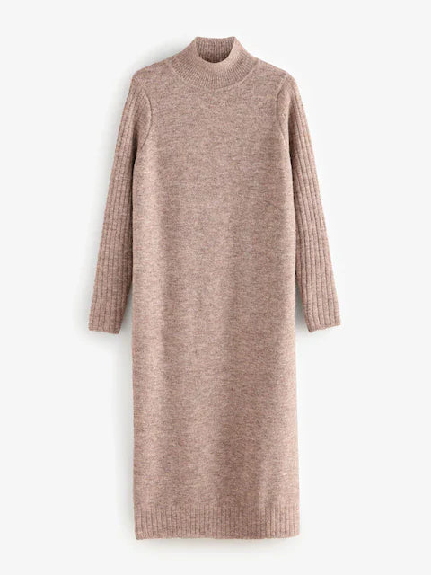 Neutral High Neck Long Sleeve Maxi Knitted Jumper Dress