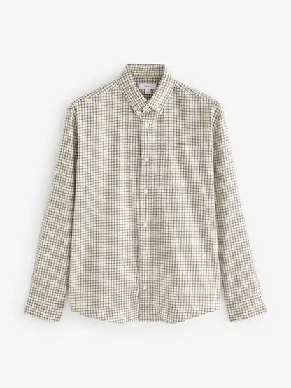 Ecru White Check Long Sleeve 100% Cotton Oxford Shirt