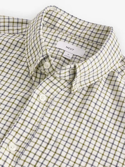 Ecru White Check Long Sleeve 100% Cotton Oxford Shirt