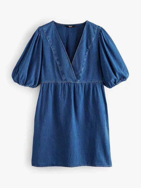 Mid Blue Puff Sleeve Mini 100% Cotton Dress