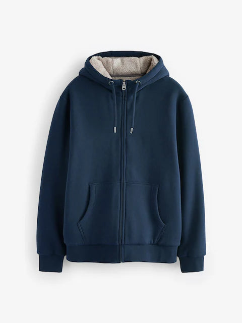 Navy Blue Borg Fleece Lined Zip Up Hoodie