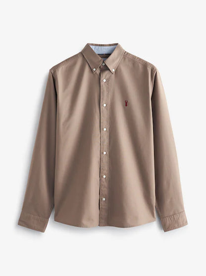 Stone Neutral Regular Fit Long Sleeve Oxford Shirt